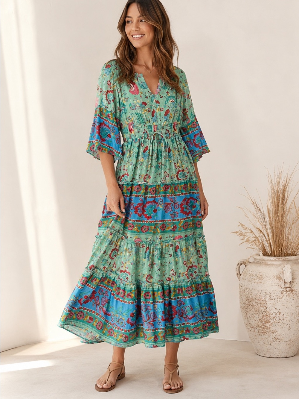 Me 2 Me Maxi‎ Dress Womens Small Green Floral Boho Tiered Smocked Waist V-Neck